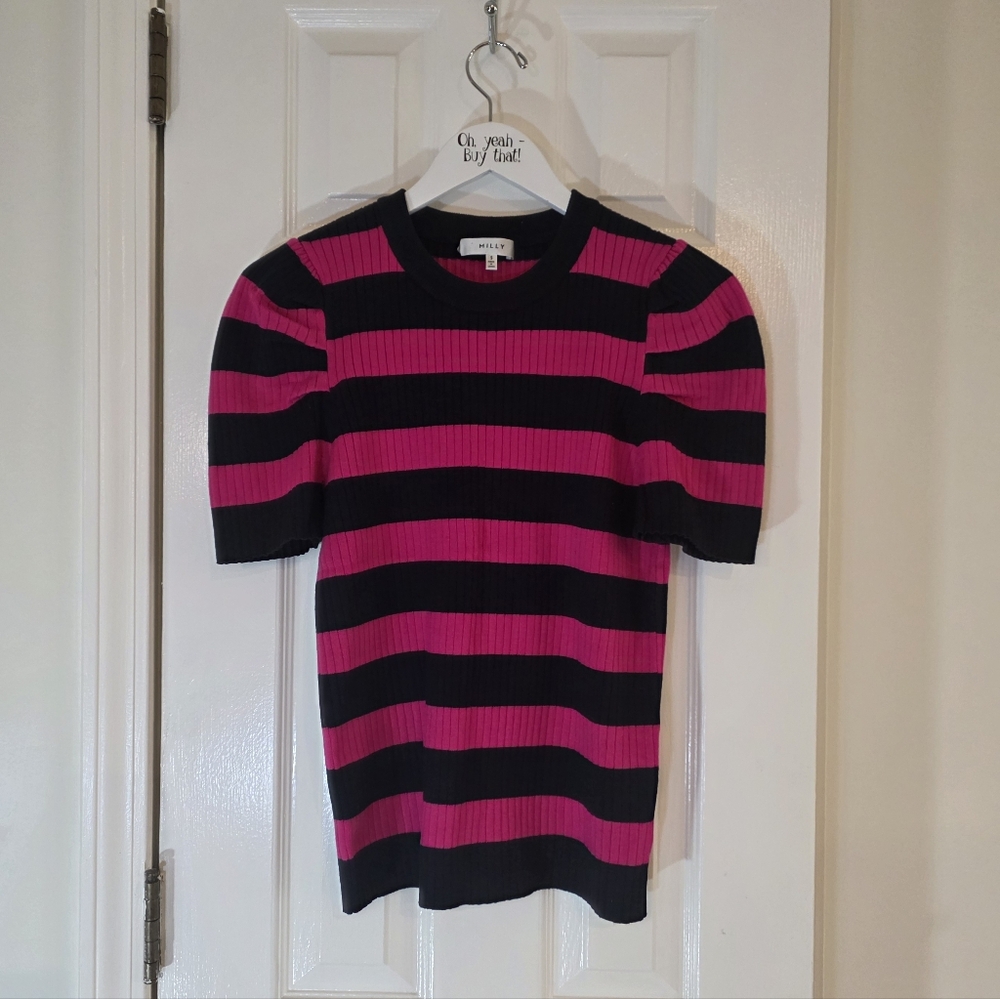 NEW Milly Striped Pink Black Short Sleeve Sweater Size Small
